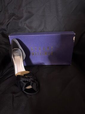 Stuart Weitzman Black Satin D'Orsay Peep-Toe Heel with Bow